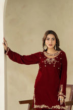 Maroon Makhmal velvet kurta with gold and silver embroidery
