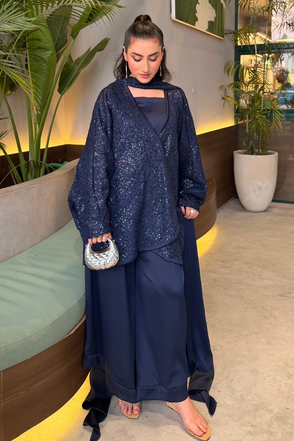 Neel navy Tik-Tok silk and sequined net formal suit